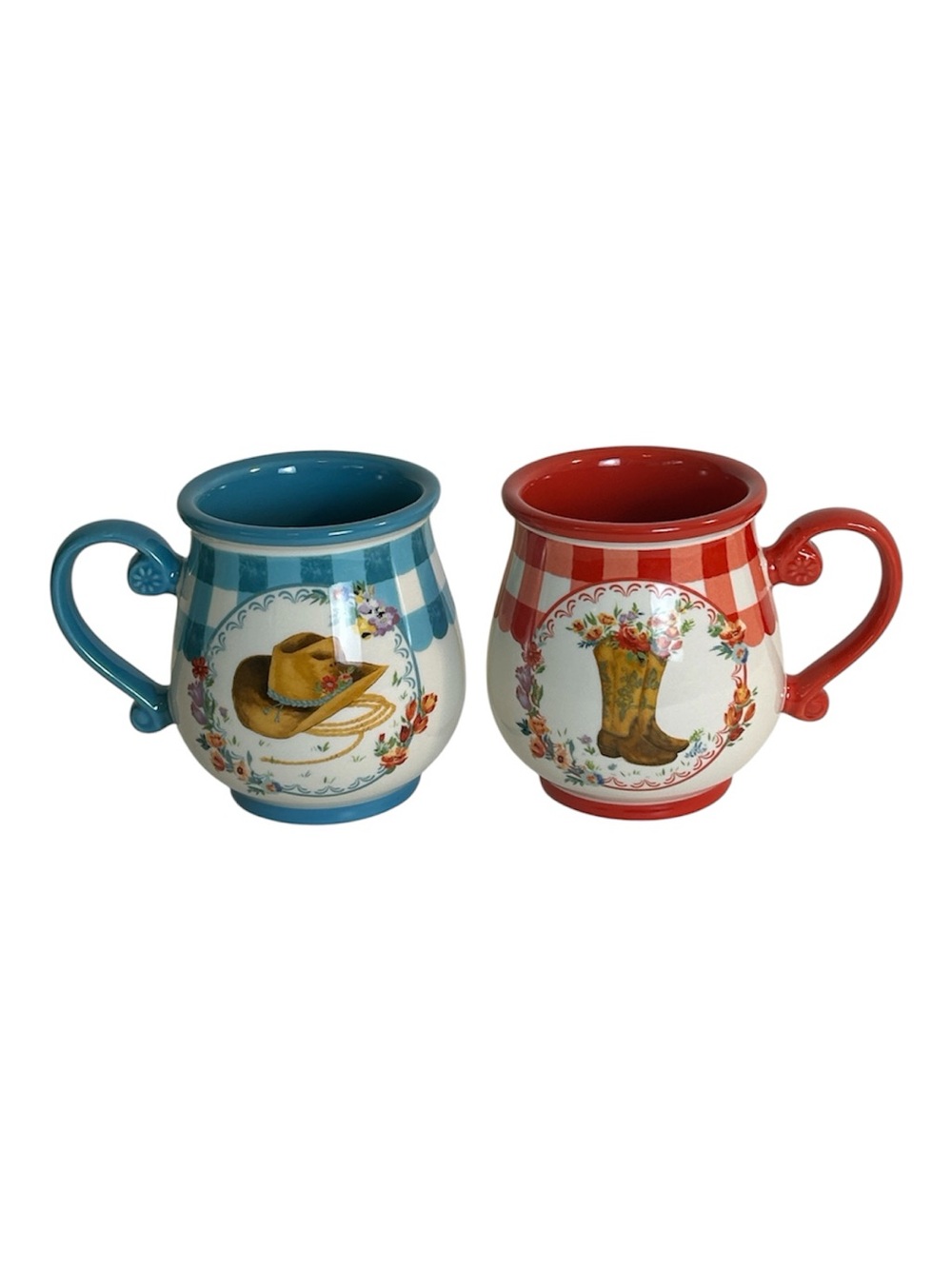 Pioneer Woman Set Of Two Red & Blue Gingham Cowgirl Hat & Boots Pot Belly Mugs